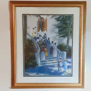 Leo Carty After Service Framed Lithograph - Historic Churches Virgin Islands